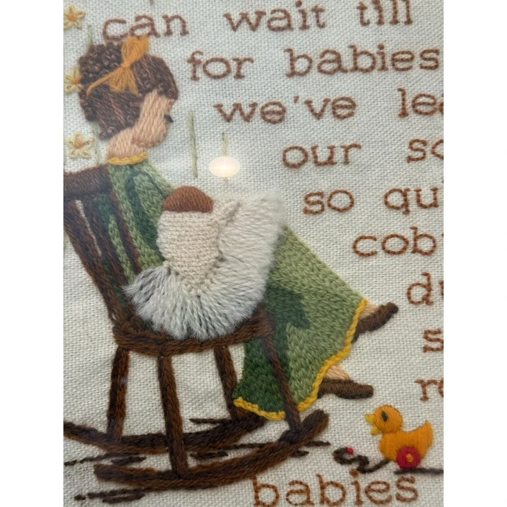 Vintage Babies Don't Keep Crewel Embroidery Framed 15x12 Wall Art 1970s Estate